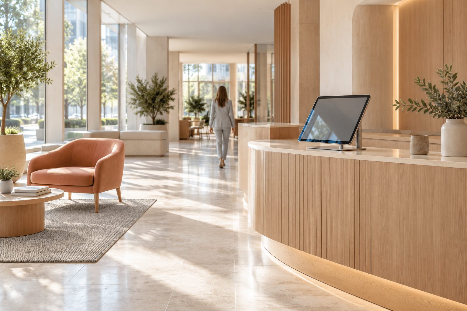 Moderne, helle Bankfiliale mit Beratungstresen aus Holz und Lounge-Sessel