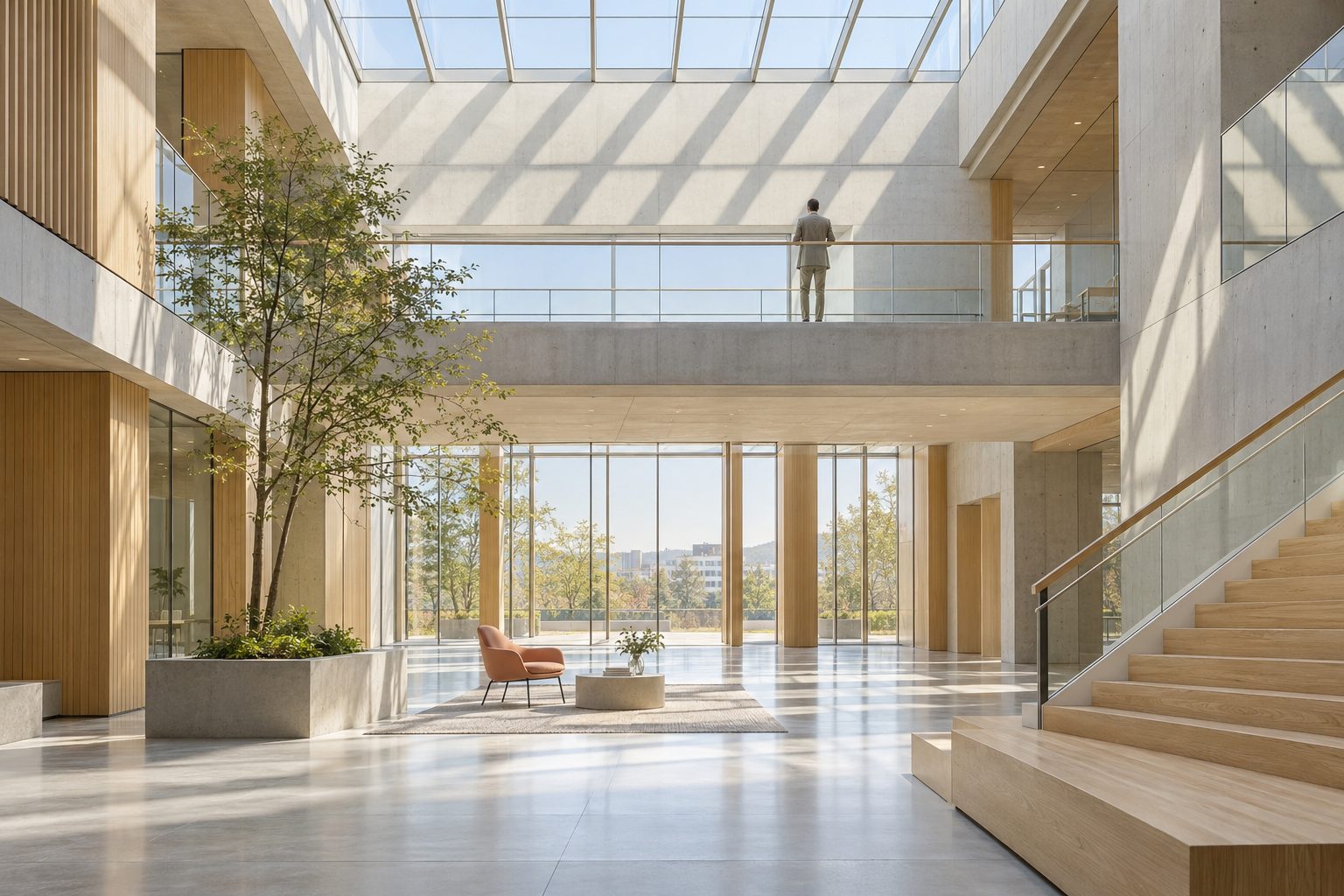 Helles, modernes Atrium aus Glas, Beton und Holz im Morgenlicht, eine Person auf der Galerie von hinten